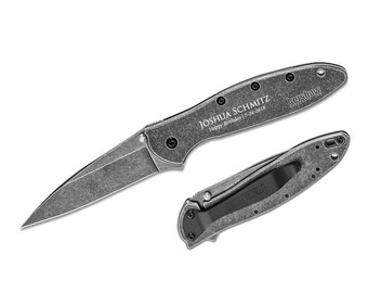 Custom Engraved Kershaw Leek Pocket Knife: Blackwash Assisted Flipper, USA Made