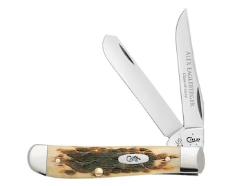 Custom Engraved Case Mini Trapper Pocket Knife: Amber Bone Peach Seed Jig Handle, USA made