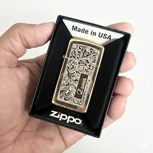 Custom Engraved Zippo Slim Venetian High Polish Brass Lighter: Refillable Windproof Pocket lighter, Made in USA