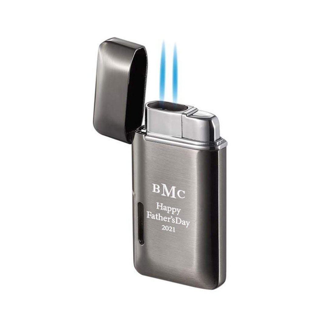 Cigar Lighter Engraved, Gunmetal Finish Double Torch Cigar Lighter
