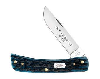 Custom Engraved Case Worn Peach Seed Sod Buster Jr: Mediterranean Blue Bone Handle, USA made