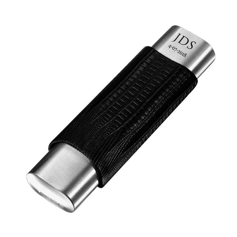 May include: A black leather cigar case with a silver metal body. The case has a crocodile-embossed pattern and is engraved with the initials "JDS" and the date "4-07-2018".