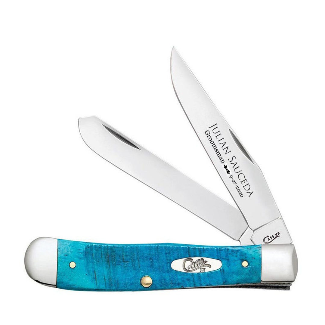 Case Knife Engraved, Case Caribbean Blue Bone Trapper Knife, USA Made