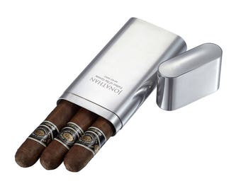 Custom Engraved Travel Cigar Case: Holds 3 Cigars of up to 52 Ring Gauge, Chrome Polished, Fathers Day Gift, Anniversary Gift