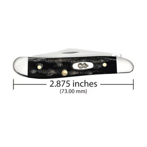 May include: A black pocket knife with a stag horn handle. The knife is closed and measures 2.875 inches (73.00 mm) in length.