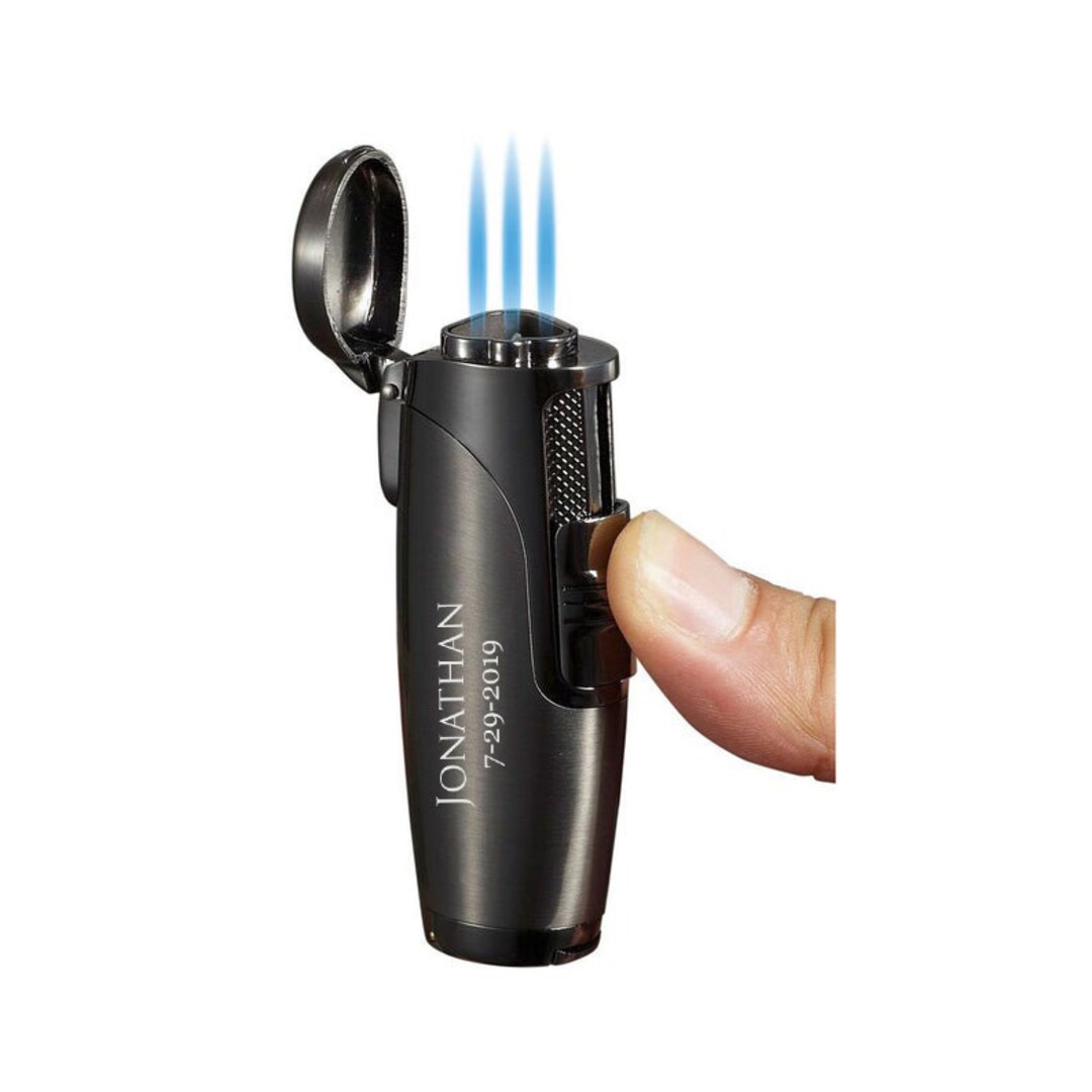 Cigar Lighter Engraved, Satin Gunmetal Triple Torch Lighter Engraved