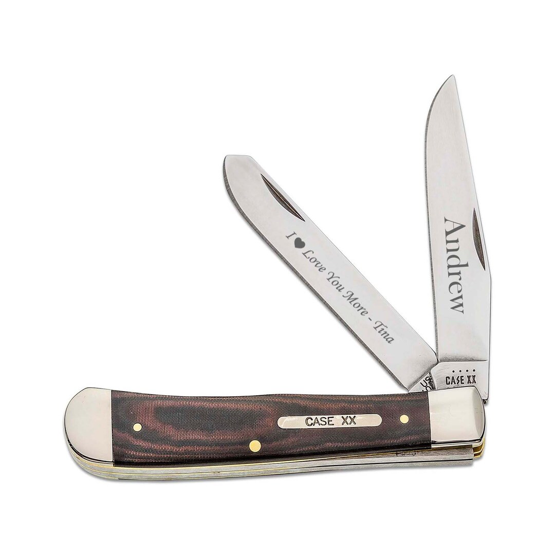 Case Knife Engraved, Smooth Red and Black Micarta Trapper Pocket Knife