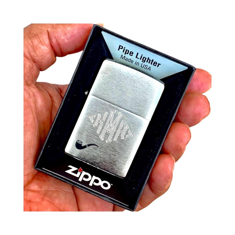 Custom Engraved Zippo Classic Brush Chrome Pipe Lighter: Refillable Windproof Pocket lighter, Made in USA image 1