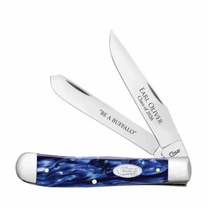 May include: A folding pocket knife with a blue marbled handle and two silver blades. One blade is engraved with "EARL OLIVER Class of 2026" and the other with "BE A BUFFALO". The handle features a silver Case logo shield and three brass pins.