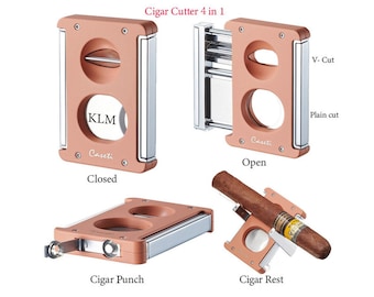 Custom Engraved V-Cutter Cutter: 4-in-1 - Double Guillotine, V-Cut Cutter, Cigar Punch and Cigar Rest, Fathers day Gift, Anniversary Gift