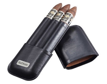 Custom Engraved Black Leather Travel Cigar case: Holds 3 Cigars of Up To 52 Ring Gauge, Groomsmen Gift, Fathers day Gift, Anniversary Gift