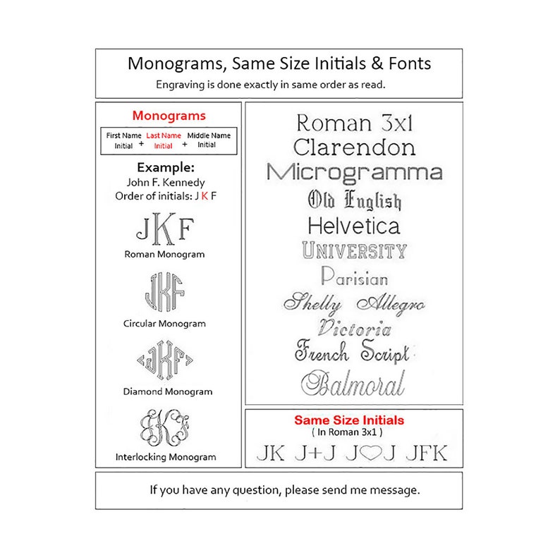 May include: A guide to different monogram styles, including Roman, Circular, Diamond, and Interlocking. The guide shows examples of each style and lists various font options, including Roman 3x1, Clarendon, Microgramma, Old English, Helvetica, University, Parisian, Shelly Allegro, Victoria, French Script, and Balmoral. The guide also includes a section on same size initials, showing examples of initials in Roman 3x1 font.