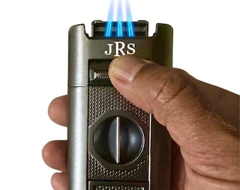Custom Engraved Refillable Cigar Lighter: 4-in -1, Quad Torch, Guillotine Cutter, V-Cut Cutter, Cigar Punches and Poker, Anniversary Gift