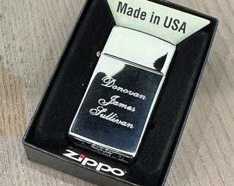 Custom Engraved Zippo Slim High Polish Chrome Lighter: Refillable Windproof Pocket lighter, Made in USA
