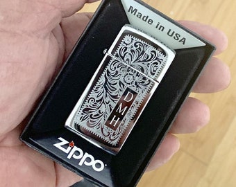 Genuine Zippo Lighter Personalized, Slim Venetian High Polish Chrome Zippo Engraved, Original Zippo Guaranteed