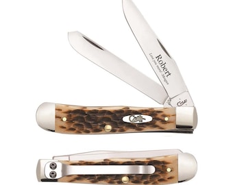 Custom Engraved Case Trapper Pocket Knife: Amber Bone Peach Seed Jig handles, USA made