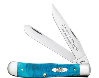 Custom Engraved Case Trapper Pocket Knife: Caribbean Blue Bone, USA made