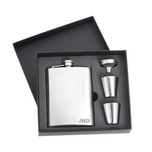 Custom Engraved Flask Set: 8oz Brush Polished Classic Stainless Steel Hip Flask with Funnel