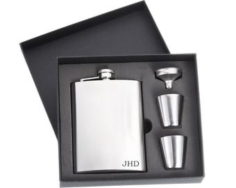 Custom Engraved Flask Set: 8oz Brush Polished Classic Stainless Steel Hip Flask with Funnel
