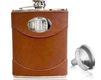 Custom Engraved 6oz Brown Leather Stainless Steel Hip Flask with Funnel, Anniversary Gift
