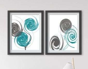 Abstract art Abstract print Gray Teal White printable home decor Modern wall art Office Wall decor Circle decor Living room decor Set of 2