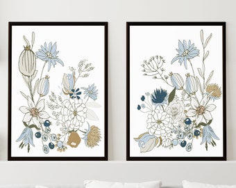 Set of 2 Abstract floral printable wall art Blue, brown Wall Decor Blue, taupe flower art Blue and White flower home decor Instant Download