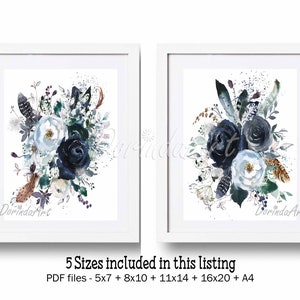 Navy acquerello fiori stampa Set di 2 Bianco - Fiori della Marina Stampabile Navy Home decoro Navy Wall decorazione marina parete floreale arte INSTANT DOWNLOAD
