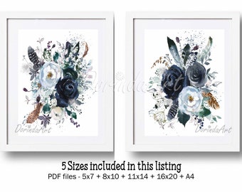 Navy watercolor flower prints Set of 2 White + Navy flowers Printable Navy Home decor Navy Wall decor Navy floral wall art INSTANT DOWNLOAD