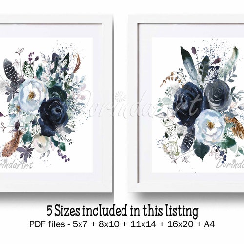 Navy Watercolor Flower Wall Art Printable Floral Wall Art Etsy