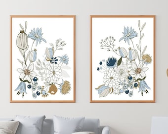 Light blue Floral wall art printable, Set of 2 wall art, 2 piece Flower wall art, Trendy wall art, Blue boho decor living room, Many sizes