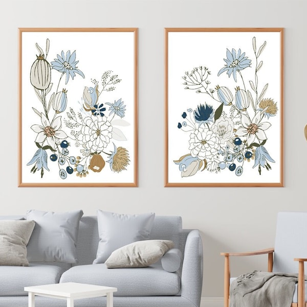 Light blue Floral wall art printable, Set of 2 wall art, 2 piece Flower wall art, Trendy wall art, Blue boho decor living room, Many sizes