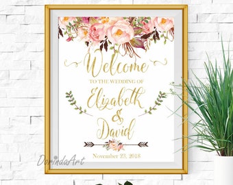 Hochzeit willkommen Zeichen druckbare Hochzeit Willkommensschild rosa und goldene Aquarell Blumen willkommen zu unserer Hochzeit Zeichen Blumen rustikale Boho Dekor