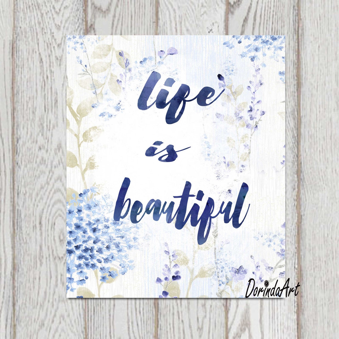 Life is Beautiful Print Watercolor Floral Wall Art Navy Blue Etsy