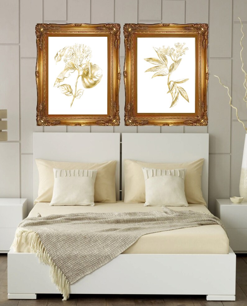 Gold Flower Wall Art Prints Gold Leaves Gold Home Decor Gold Etsy