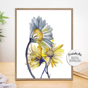 Yellow and blue home decor Daisy printable Daisies print Large print Bedroom decor Flower watercolor art Yellow floral Canvas DOWNLOAD