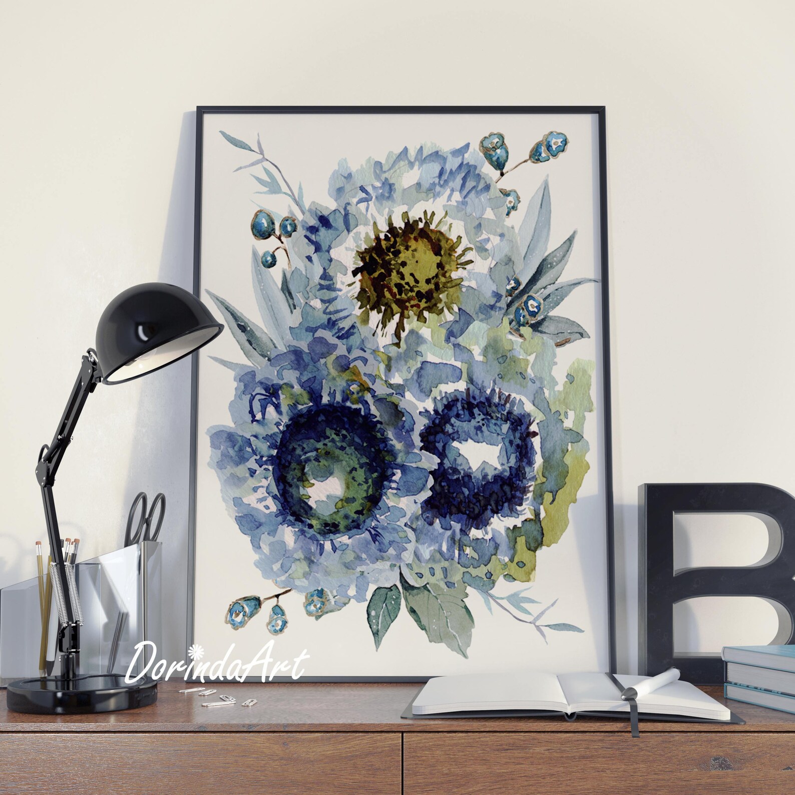 Set of 3 Navy blue Wall art Decor Blue flowers Navy flower Etsy