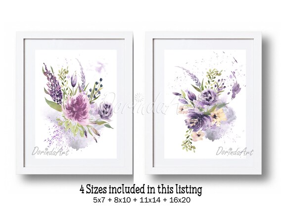Set of 2 Flower Prints Purple Floral Printables Watercolor | Etsy