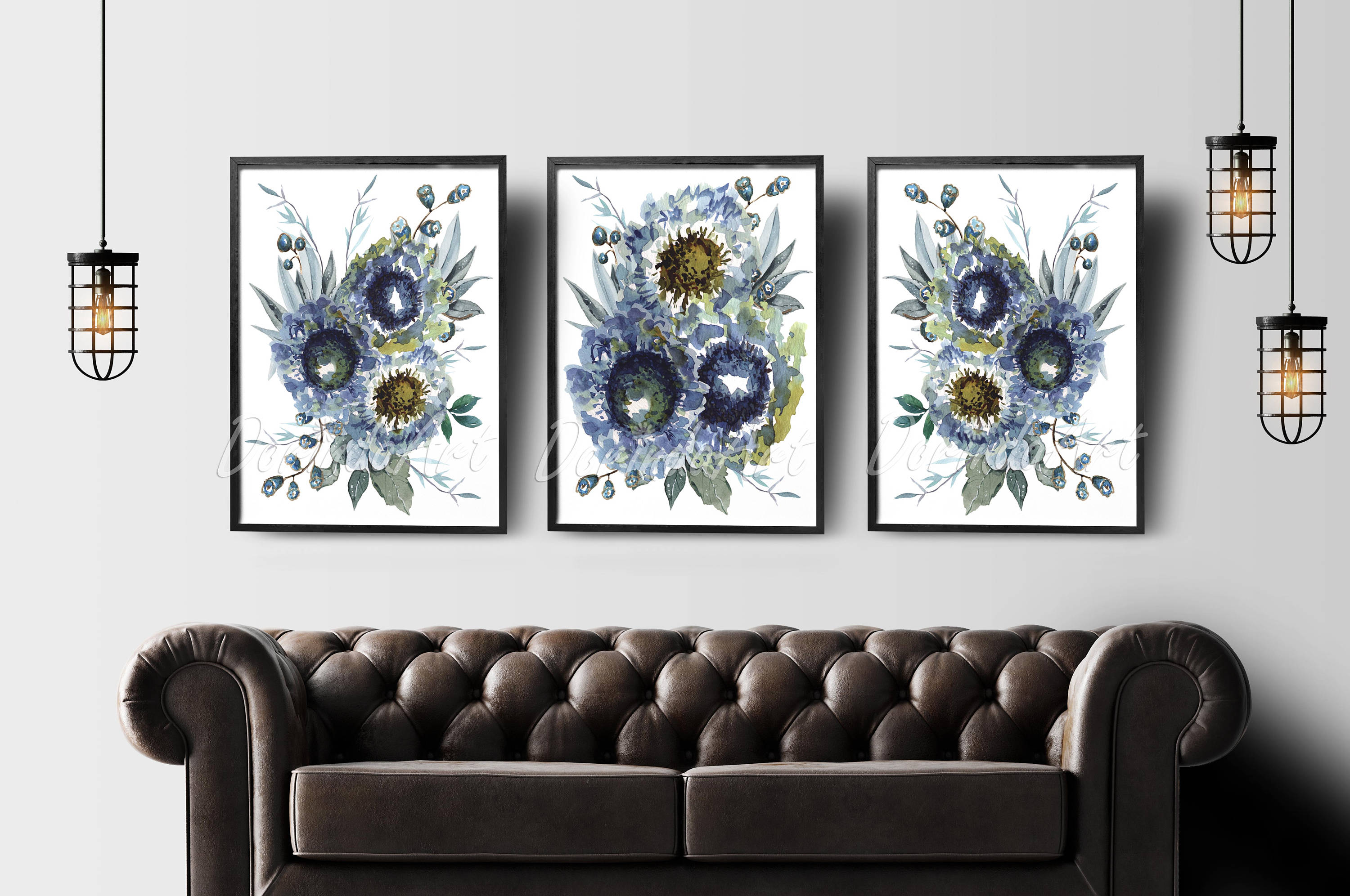Set of 3 Navy blue Wall art Decor Blue flowers Navy flower Etsy