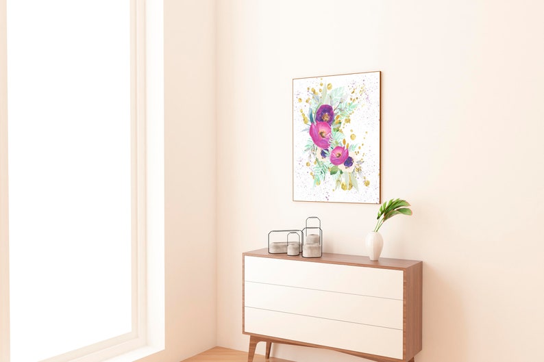 Printable Purple and gold flower wall art print Watercolor Etsy