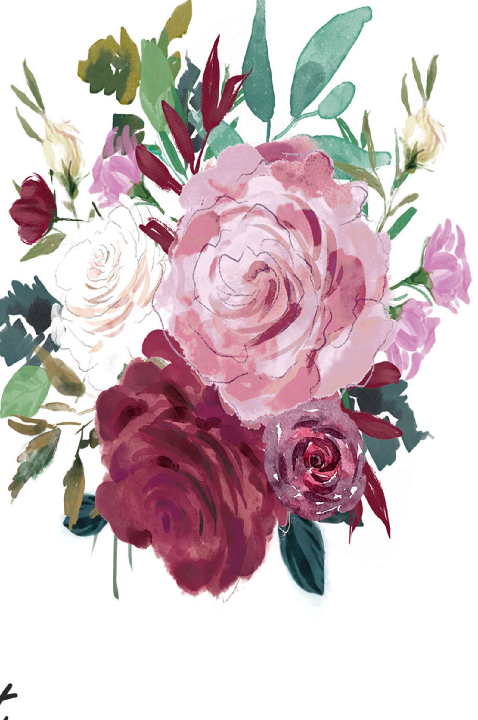 Maroon Wall Art Printable Maroon Watercolor Flowers Wall Print Etsy