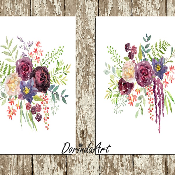 Set de 2 Art mural Imprimés Décor mural violet Fleur de Bourgogne Imprimé Marron Aquarelle fleur imprimable TÉLÉCHARGER Home Decor 5x7 8x10 11x14 16x20