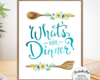 Kitchen decor printable art Turquoise gold yellow blue Wooden spoon Spatula Wooden utensils Floral Kitchen wall print Teal Kitchen gifts