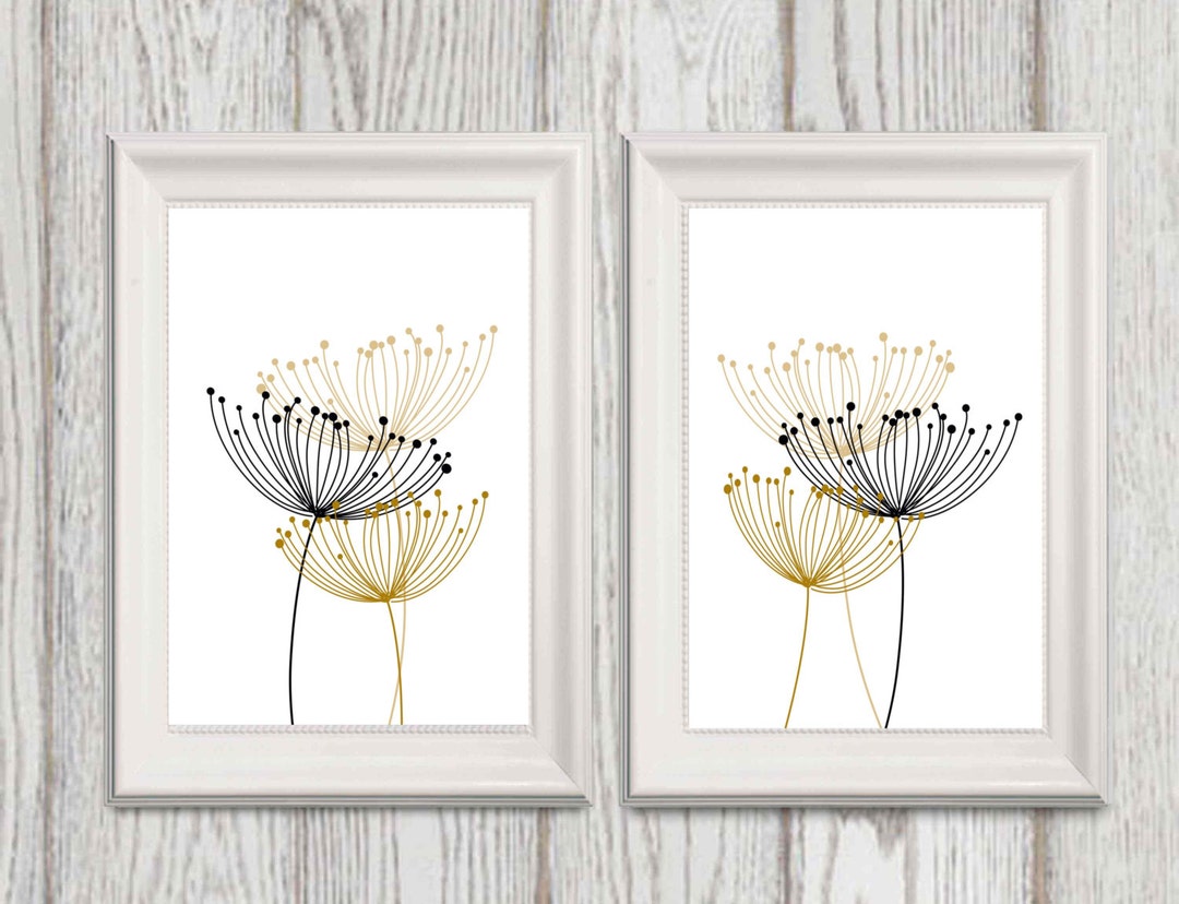 Abstract Black and Gold Flower Wall Art Set of 2 Dandelion Etsy