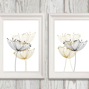 Abstract Black and gold flower wall art Set of 2 Dandelion Minimalist wall decor Modern print Large flower art Flower printable 20x30 8x10