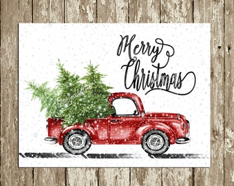 Retro Christmas Decor Vintage Christmas decor Merry Christmas Print Printable Christmas Party Wall Decor Watercolor Truck Christmas trees