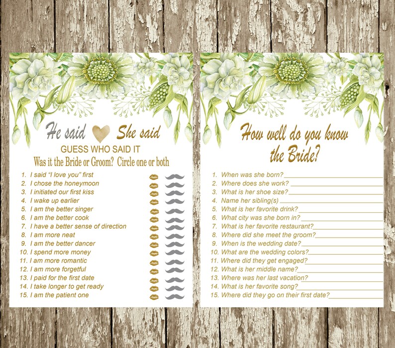Bridal Shower Games Printable Greenery Bridal shower games package Floral Bridal shower game INSTANT DOWNLOAD Bingo What did the groom say
