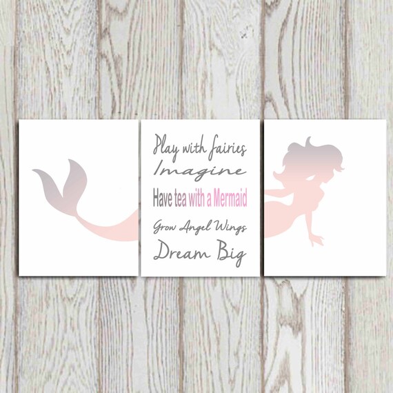 Mermaid Print Mermaid Quote Set Of 3 Pink Gray Girls Room Decor Art Girls Quote Girls Bedroom Decor Nursery Wall Art Download 8x10