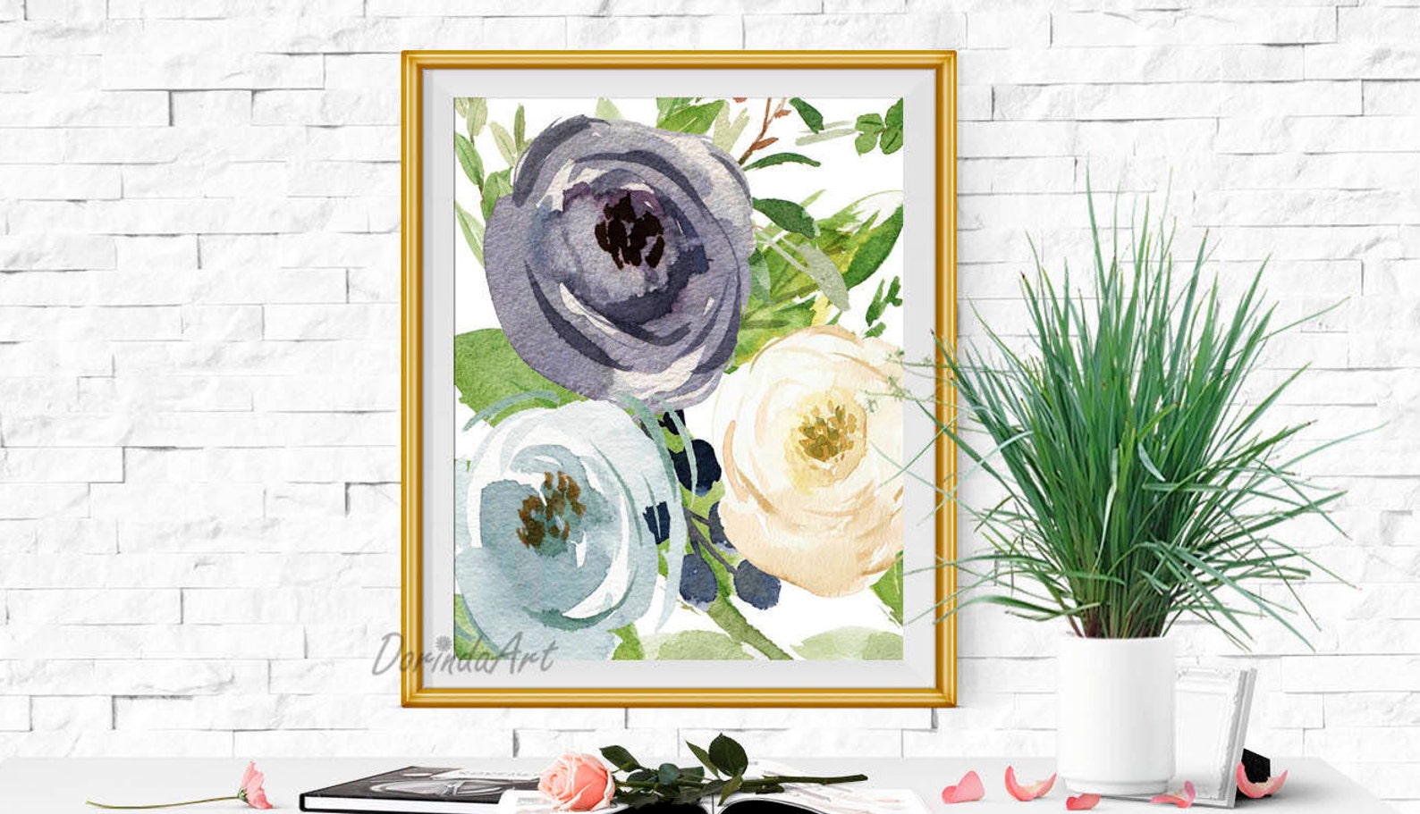 Blue Flower Printable Watercolor Flowers Print Navy Floral - Etsy
