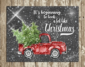 Christmas Printable Wall decor Red Truck Chalkboard Christmas Print Tree Chrismas Decor Wall Art Sign Its beginning to look a lot DOWNLOAD