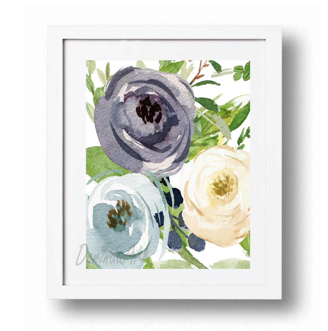 Blue Flower Printable Watercolor Flowers Print Navy Floral Home Decor ...